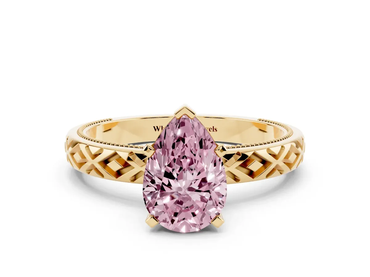 Fancy Pink Pear Cut Solitaire Diamond Ring with Milgrain and Black Enamel X Pattern Band Yellow gold
