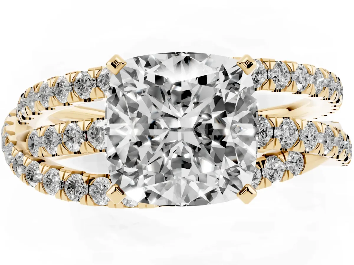 Cushion Cut Solitaire Twist Band with Pavé Setting and Four-Prong Setting Yellow gold