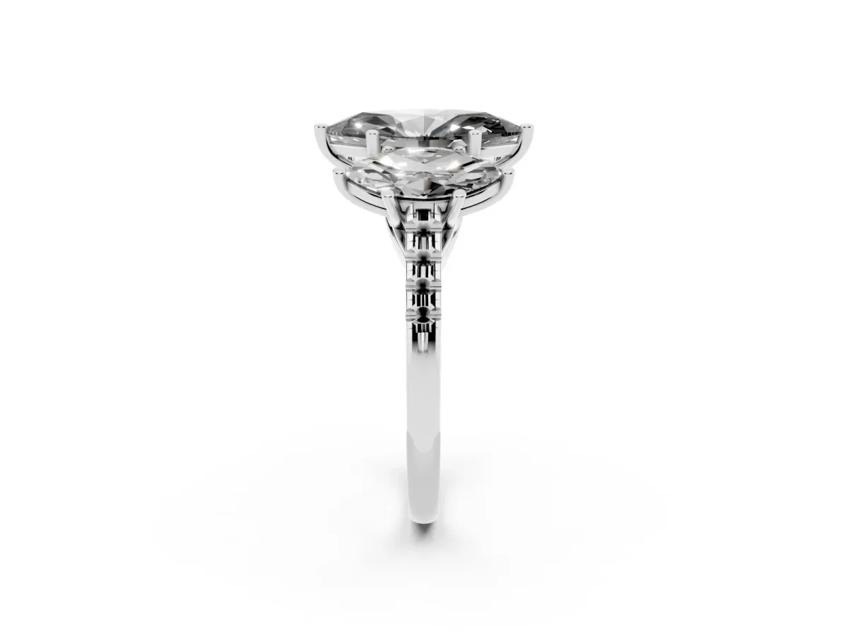 Fancy Black Three-Stone Marquise Cut Diamond Ring with Round Pavé Band and Prong Setting Silver