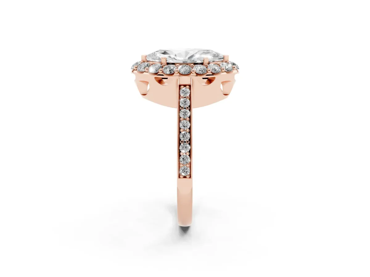 Marquise Cut Diamond Floral Halo Ring with Pavé Band and Prong Setting Rose gold