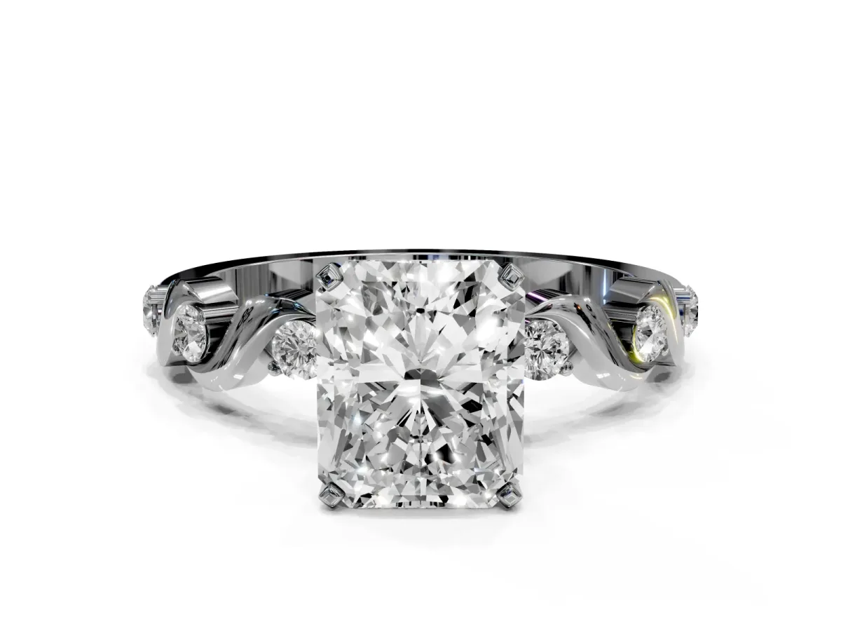 Radiant Cut Diamond Solitaire Twisted Band with Round Accents and Prong Setting Silver