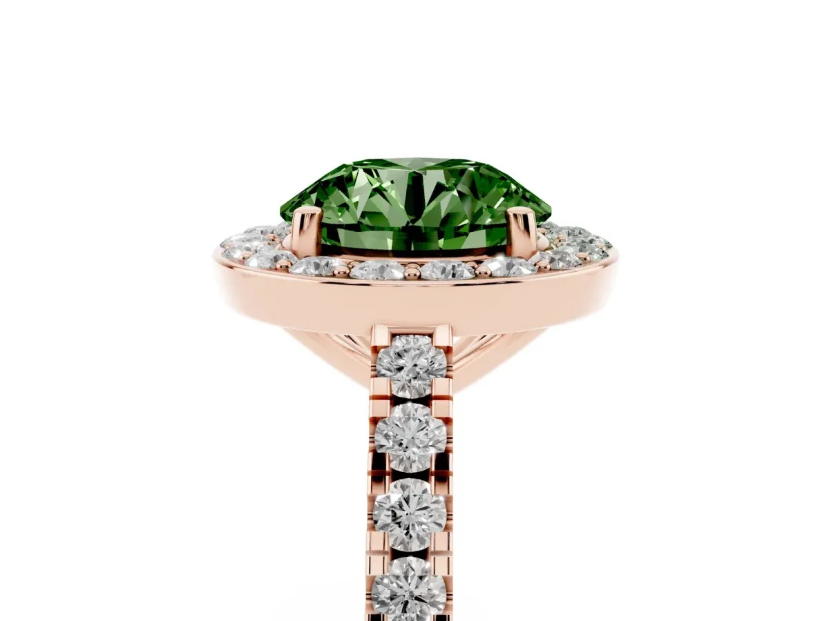 Fancy Green Round Cut Diamond Halo Ring with Round Pavé Split Shank and Prong Setting Rose gold