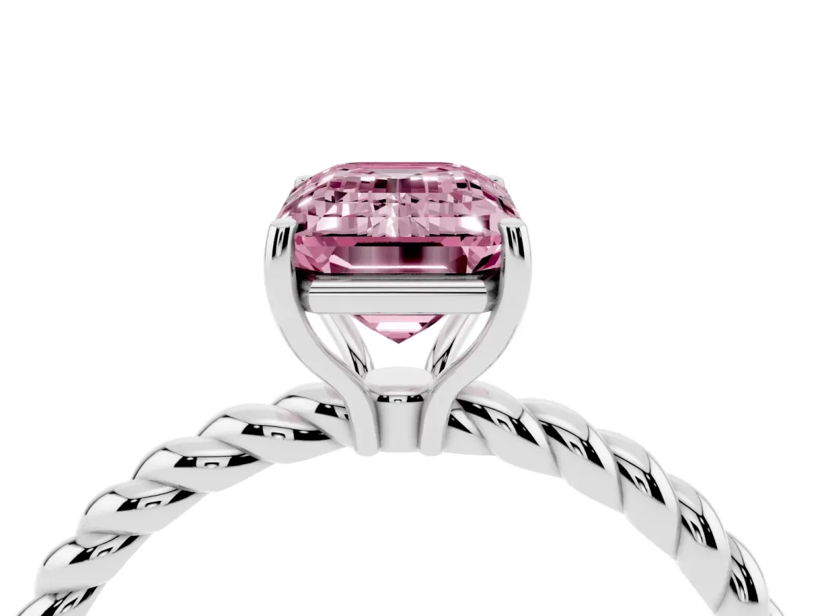 Fancy Pink Emerald Cut Solitaire Twist Band Ring with Four-Prong Setting Platinum
