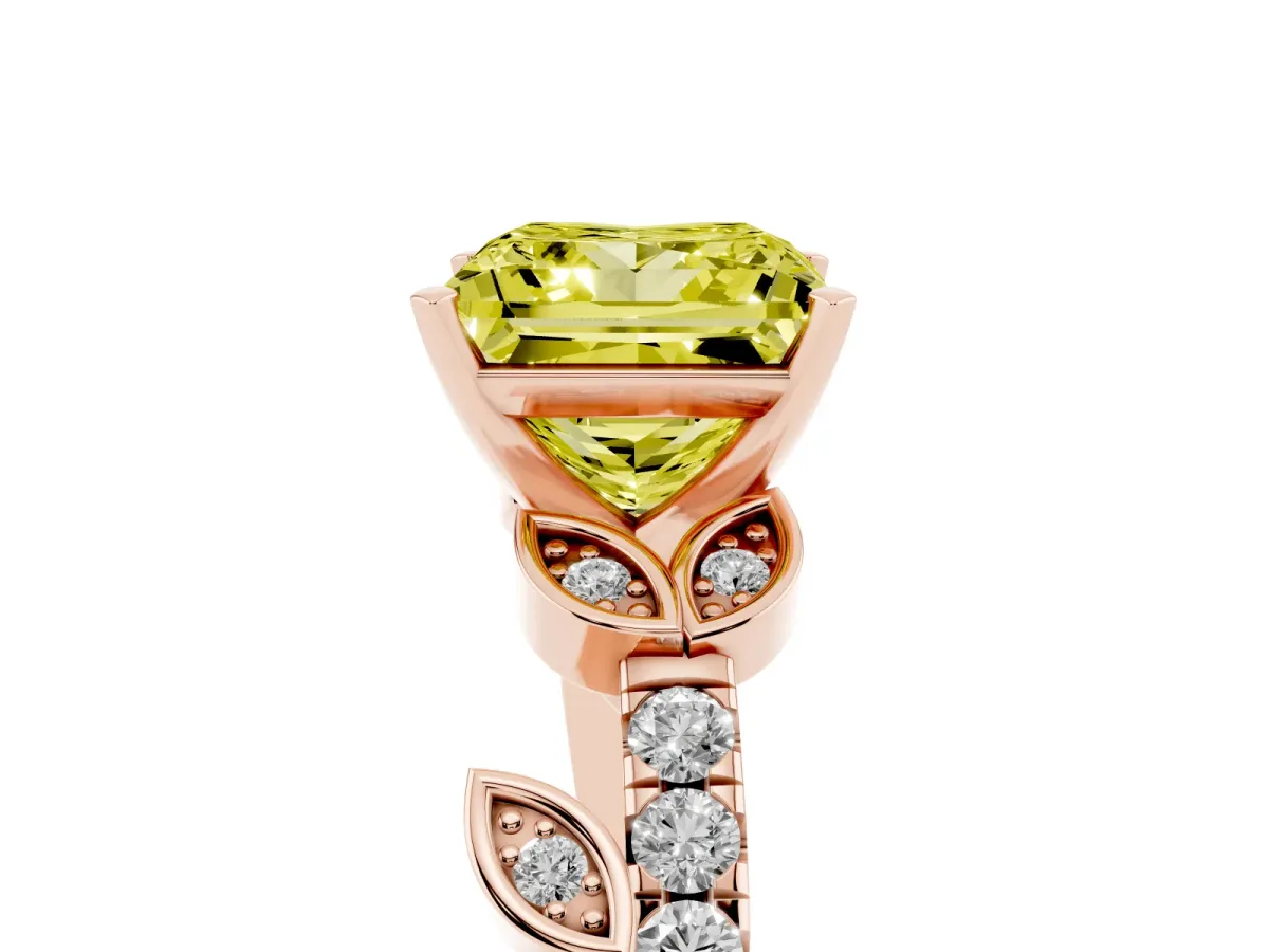 Fancy Yellow Princess Cut Solitaire Leaf-Inspired Diamond Ring with Pavé Band and Four-Prong Setting Rose gold