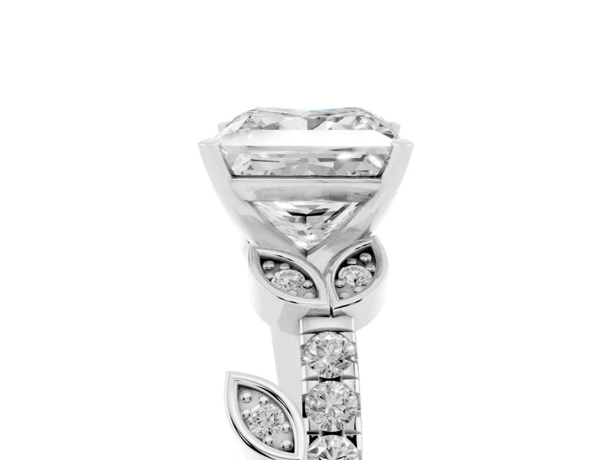 Princess Cut Solitaire Leaf-Inspired Diamond Ring with Pavé Band and Four-Prong Setting Silver
