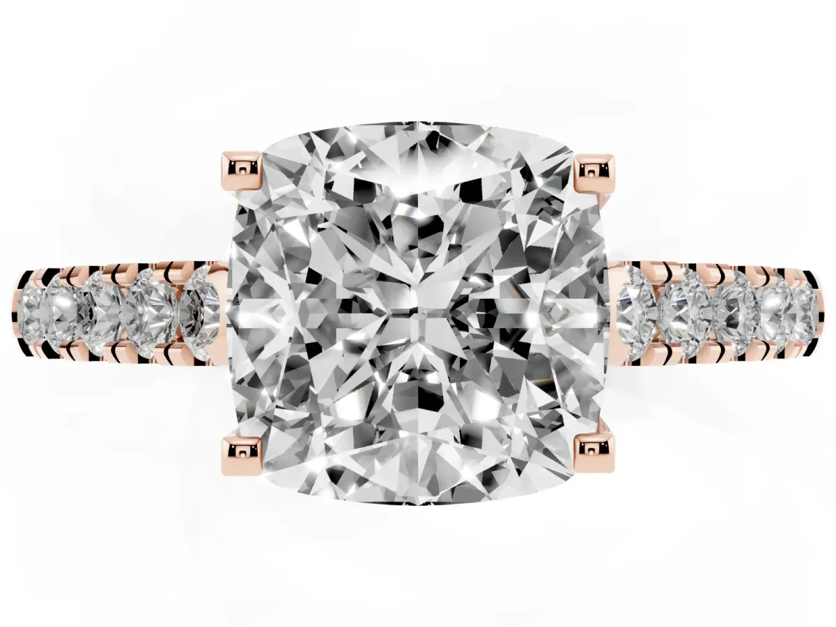 Cushion Cut Diamond Pavé Band Solitaire Ring with Prong Setting Rose gold
