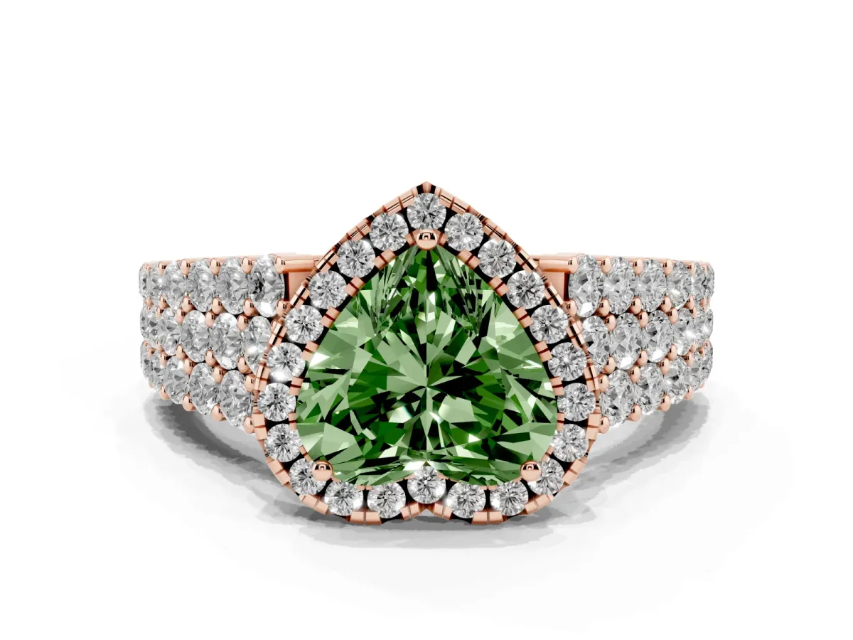 Fancy Green Heart Cut Diamond Halo Engagement Ring with Triple Row Round Pavé Band and Prong Setting Rose gold