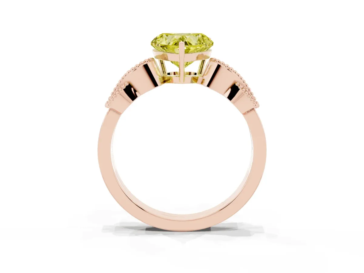 Fancy Yellow Heart Cut Solitaire Milgrain Leaf Band with Prong Setting Rose gold