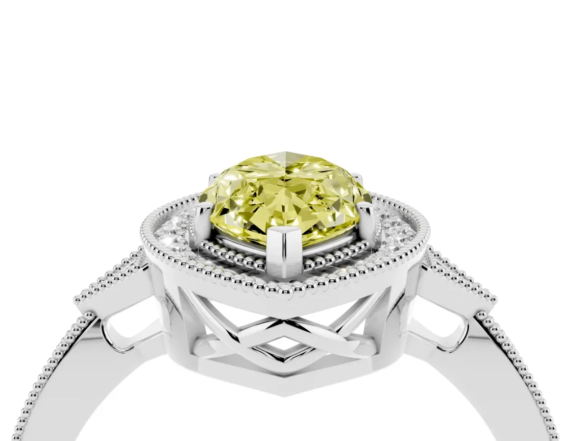 Fancy Yellow Marquise Cut Halo Round Diamond Milgrain Pave Engagement Ring Silver