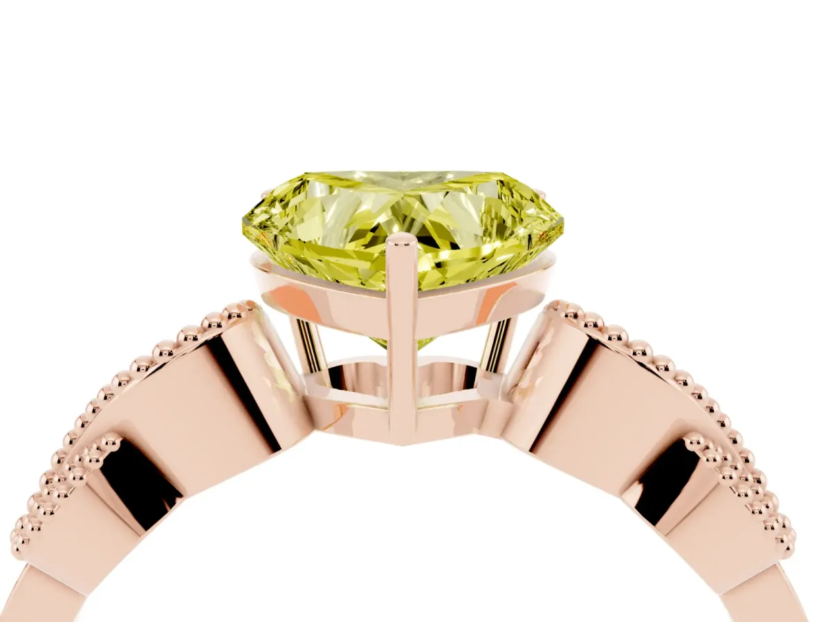 Fancy Yellow Heart Cut Solitaire Milgrain Leaf Band with Prong Setting Rose gold