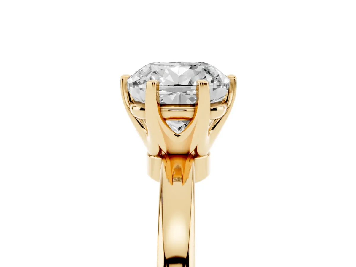 Cushion Cut Solitaire Diamond Ring with Six-Prong Setting on a Classic Band Yellow gold