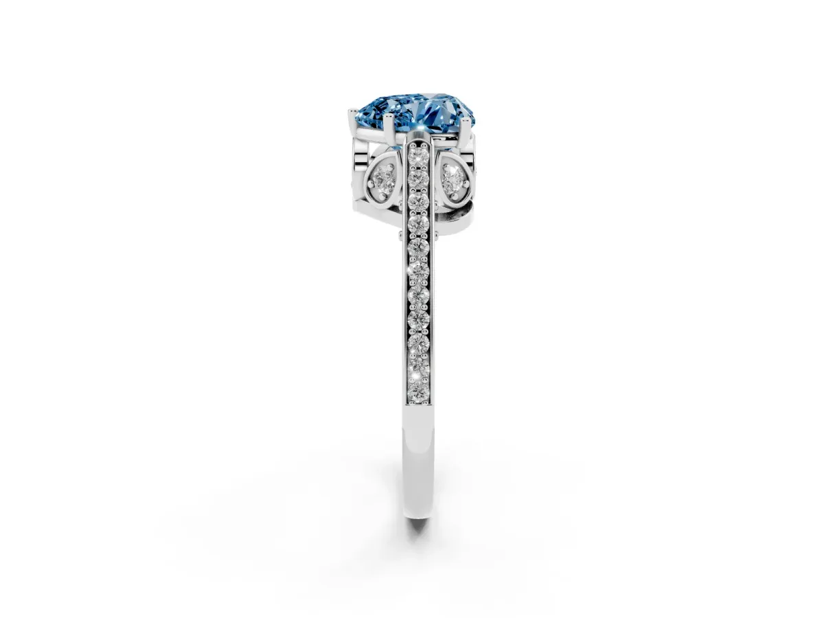 Fancy Blue Heart Cut Cut Cathedral Pave Diamond Engagement Ring with Six-Prong Setting Silver