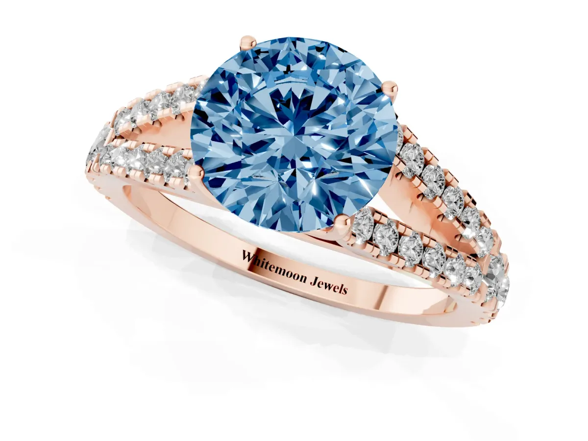 Fancy Blue Round Cut Diamond Split Shank Engagement Ring with Round Pavé and Prong Setting Rose gold