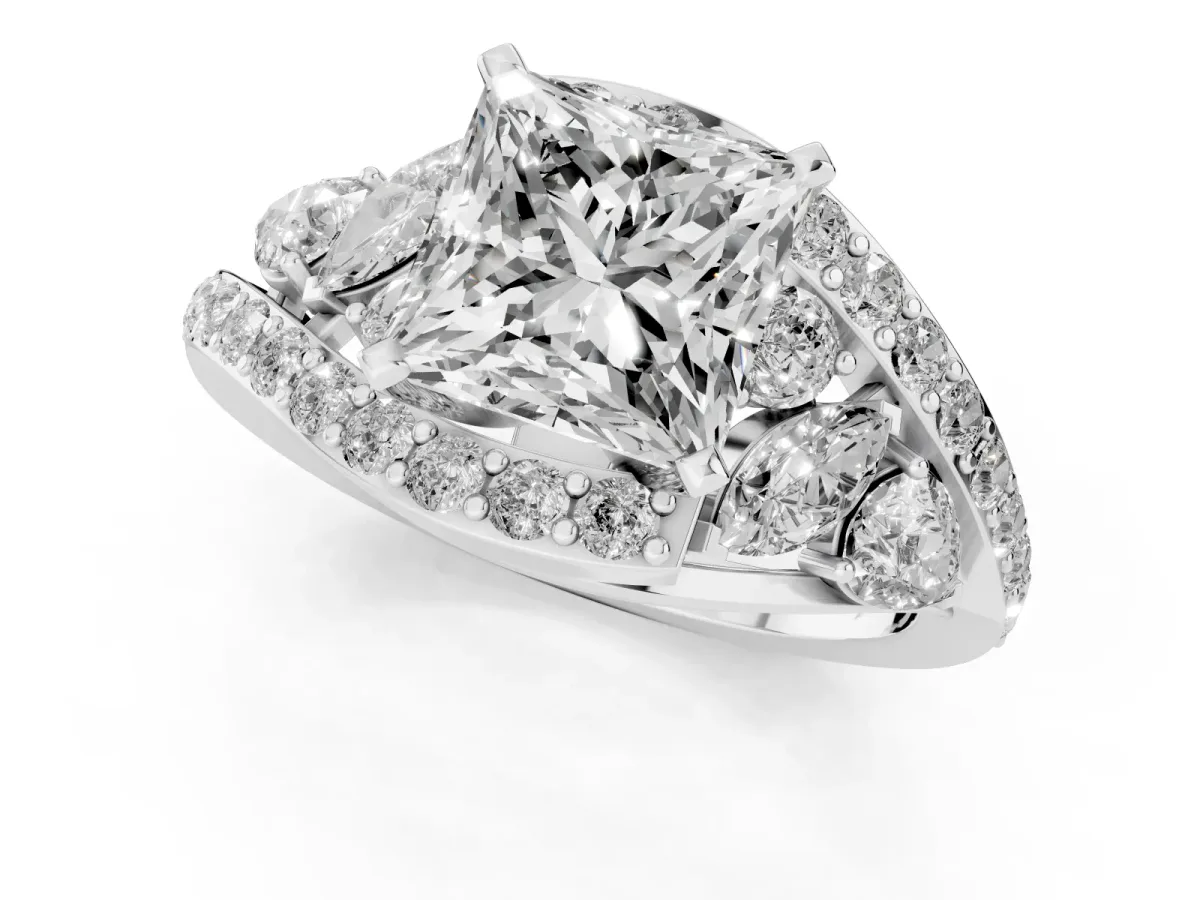 Princess Cut Diamond Halo Ring with Marquise and Pavé Band in Prong Setting White gold