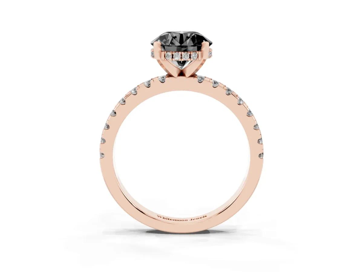 Fancy Black Round Cut Diamond Solitaire Ring with Round Pavé Band and Four-Prong Setting Rose gold