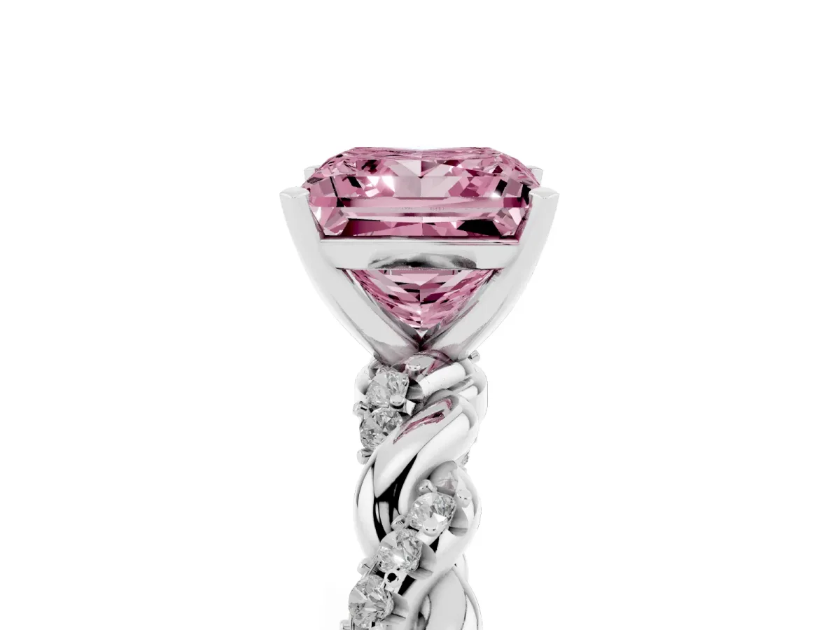 Fancy Pink Princess Cut Diamond Solitaire Ring with Twisted Band and Pavé Accents Silver