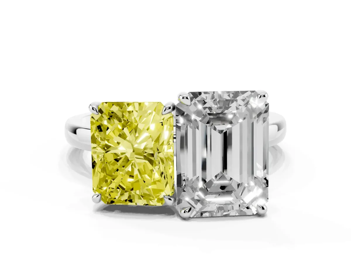 Fancy Yellow Radiant Cut and Emerald Cut Toi Moi Ring with Prong Setting Silver