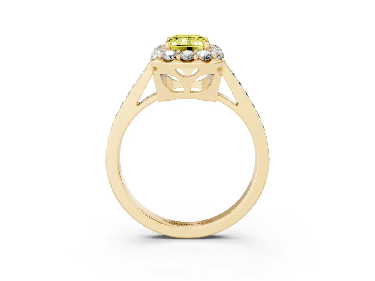 Fancy Yellow Emerald Cut Diamond Floral Halo Ring with Pavé Band and Prong Setting Yellow gold