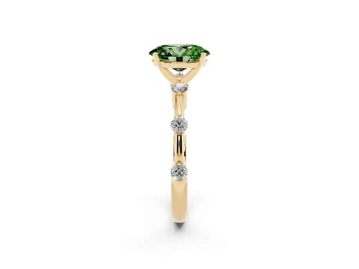 Fancy Green Oval Cut Solitaire Diamond Ring with Bezel Set Side Stones and Prong Setting Yellow gold