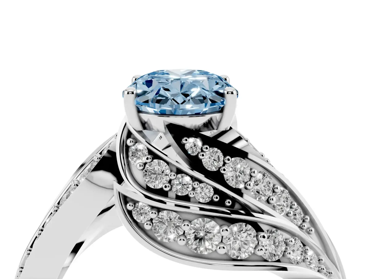 Fancy Blue Oval Cut Diamond Solitaire Ring with Prong Setting and Twisted Pavé Band Silver