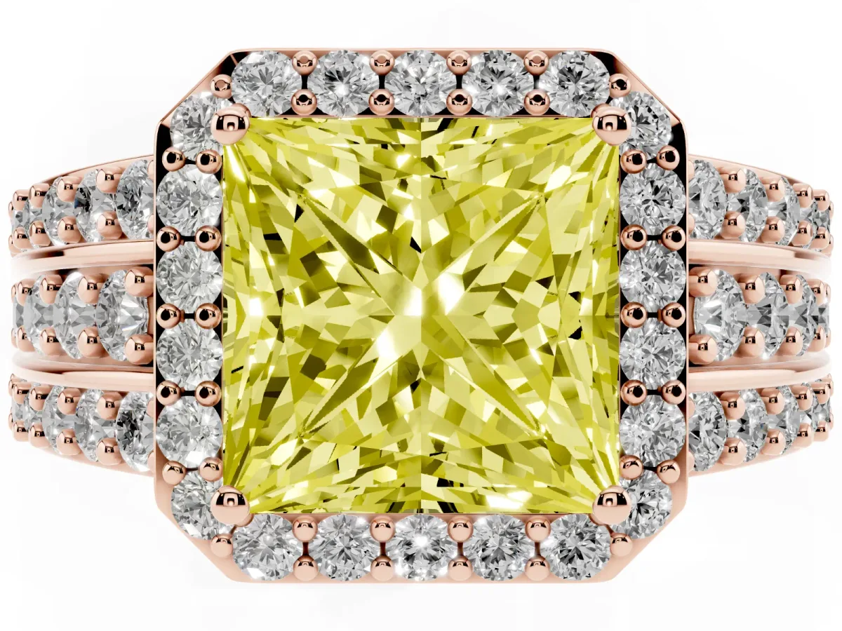 Fancy Yellow Princess Cut Halo Diamond Ring with Round Split Shank and Prong Setting Rose gold