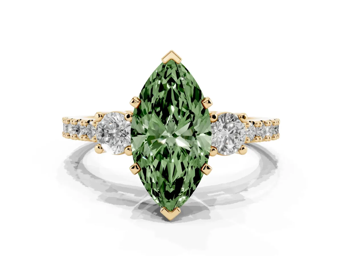 Fancy Green Marquise Cut Three-Stone Diamond Pavé Band with Prong Setting Yellow gold