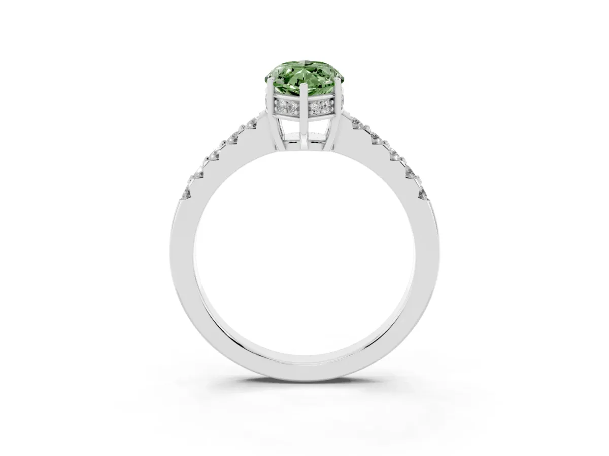 Fancy Green Marquise Cut Solitaire Diamond Engagement Ring with Pavé Band and Six-Prong Setting Silver
