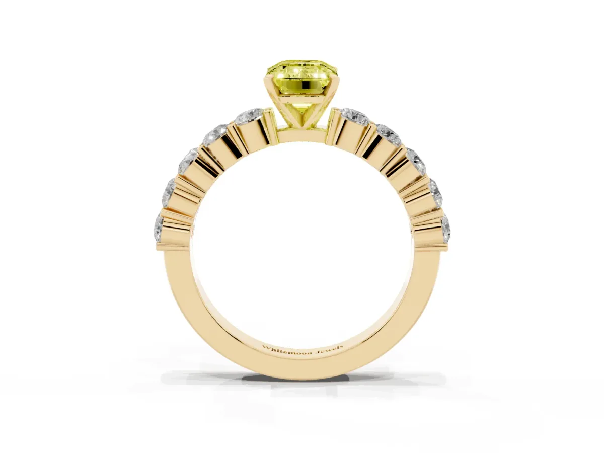 Fancy Yellow Emerald Cut Diamond Solitaire Ring with Shared Prong Round Side Stones Yellow gold