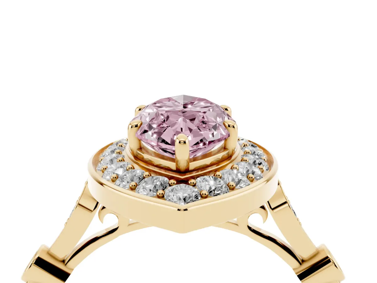 Fancy Pink Marquise Cut Halo Diamond Engagement Ring with Twisted Band and Four-Prong Setting Yellow gold