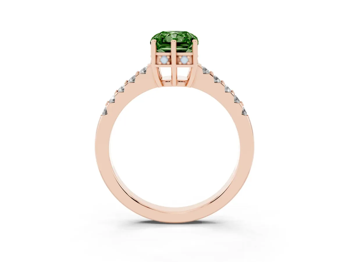 Fancy Green Radiant Cut Solitaire Diamond Engagement Ring with Pavé Band and Six-Prong Setting Rose gold