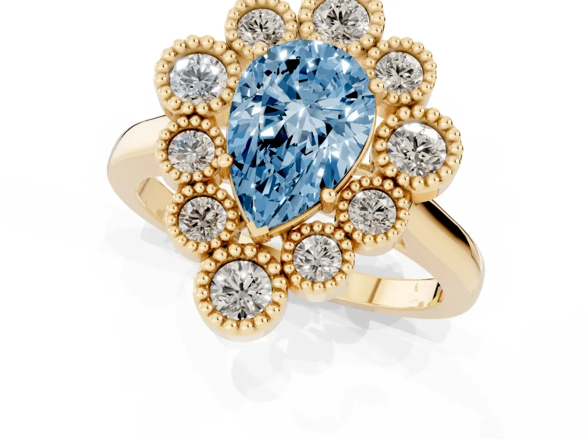Fancy Blue Pear Cut Halo Diamond Cluster Engagement Ring with Milgrain Bezel Setting and Solitaire Band Yellow gold