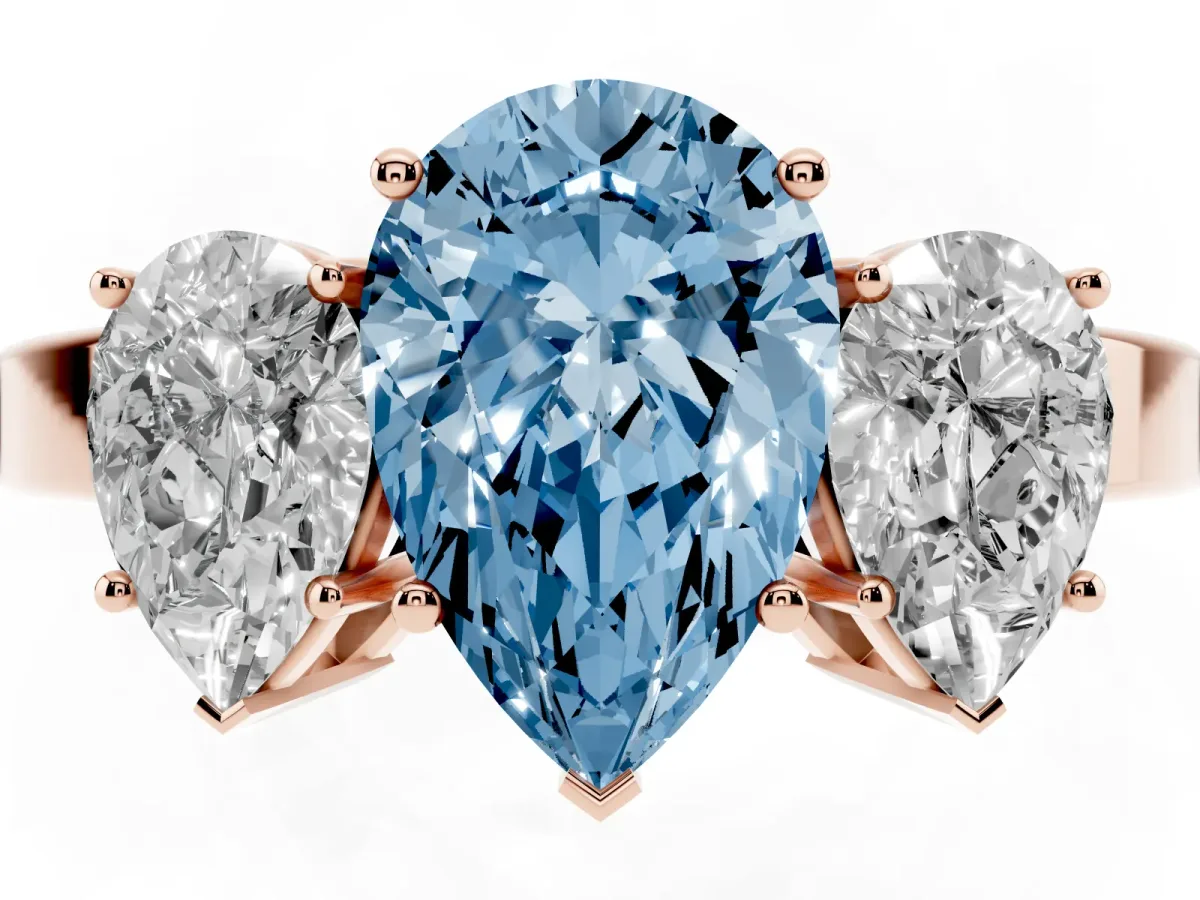Fancy Blue Three-Stone Pear Cut Cut Diamond Engagement Ring with Flat Band and Four-Prong Setting Rose gold