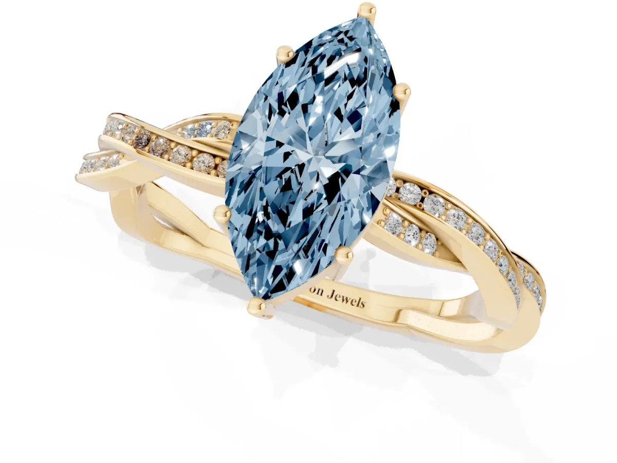 Fancy Blue Marquise Cut Solitaire Twisted Pave Diamond Ring with Four-Prong Setting Yellow gold