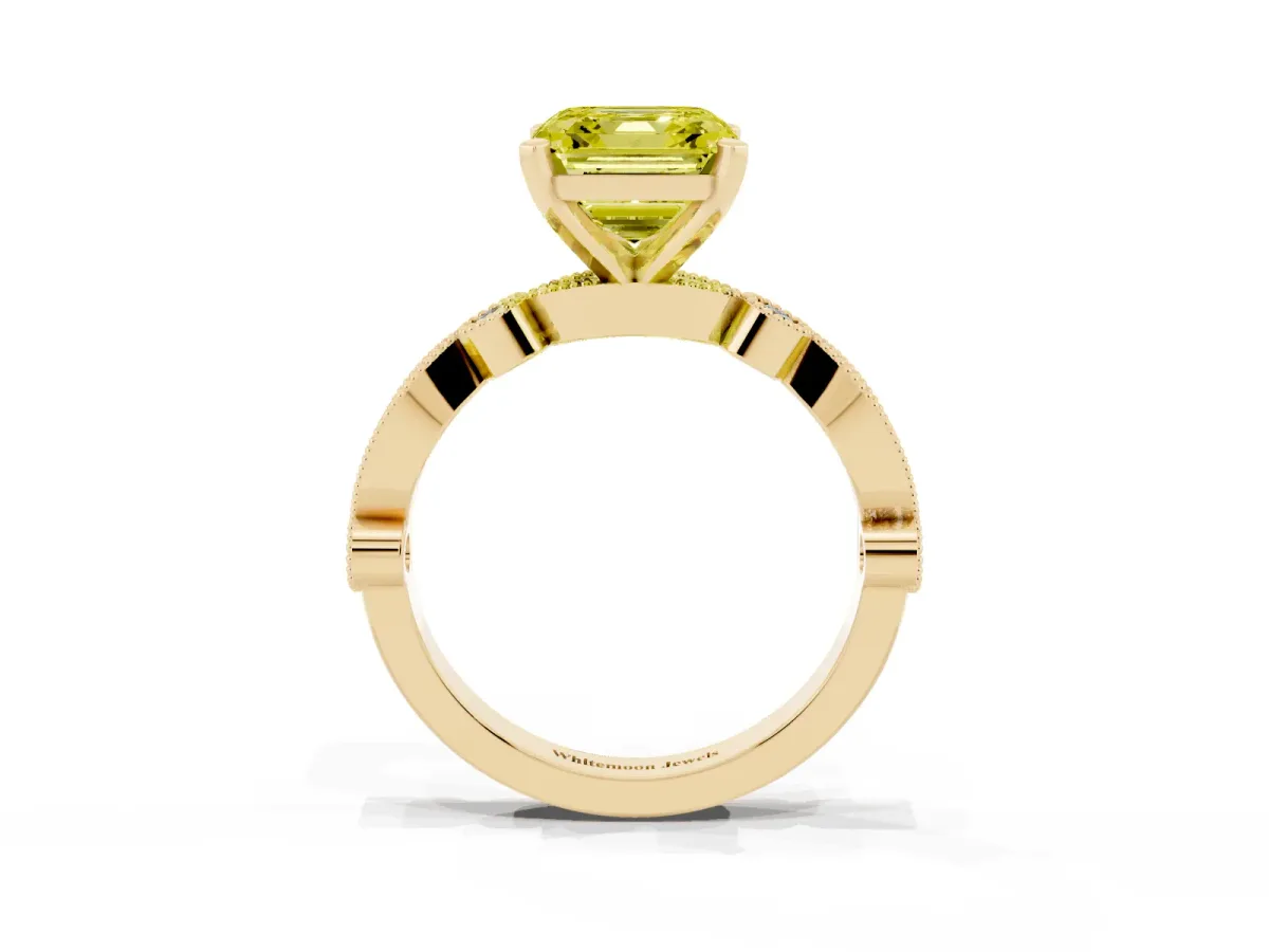 Fancy Yellow Asscher Cut Milgrain Bezel Diamond Engagement Ring with Solitaire Prong Setting Yellow gold