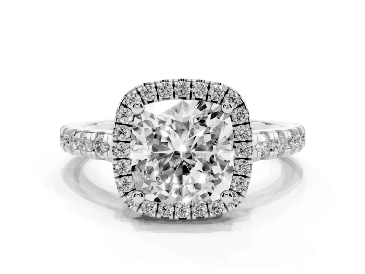 Cushion Cut Diamond Halo Ring with Pavé Band and Four-Prong Setting Platinum