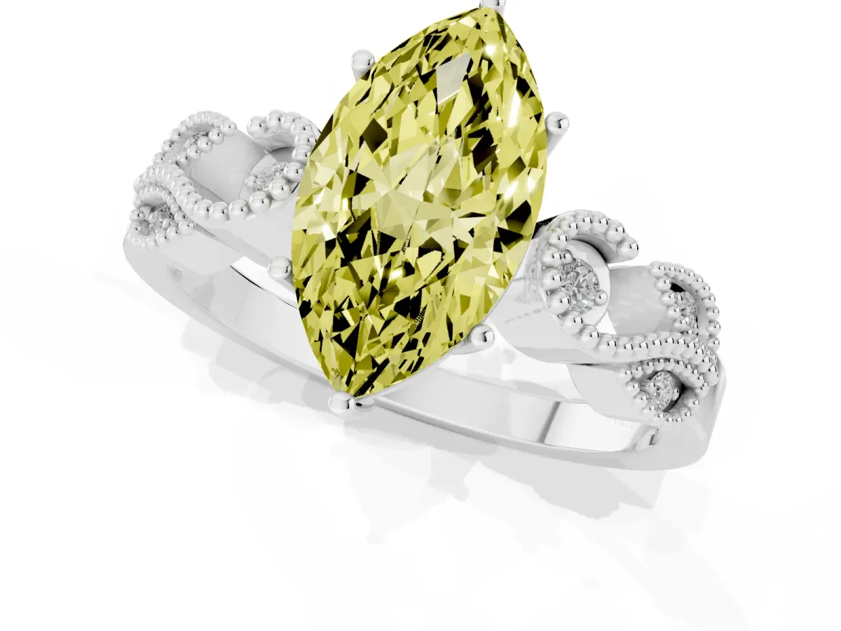 Fancy Yellow Marquise Cut Solitaire Milgrain Leaf Band with Prong Setting Silver