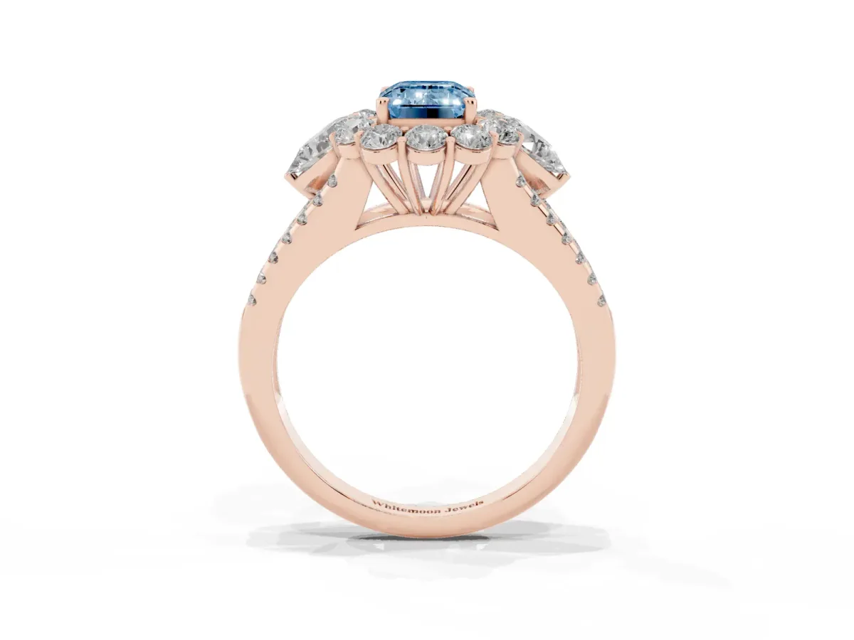Fancy Blue Emerald Cut Halo Split Shank Diamond Engagement Ring with Prong Setting Rose gold
