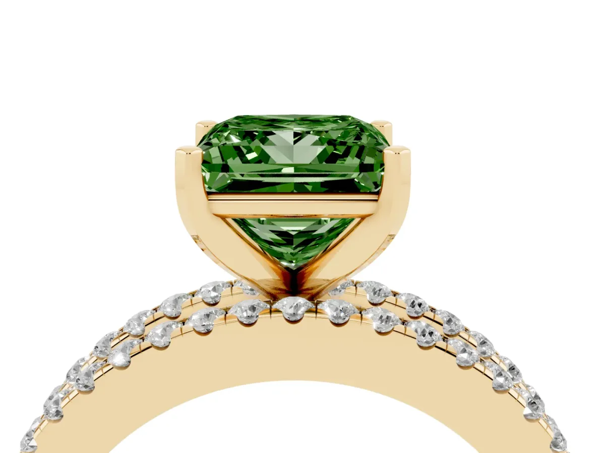 Fancy Green Princess Cut Diamond Solitaire Ring with Pavé and Channel Set Band Yellow gold