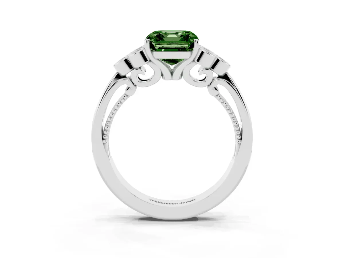 Fancy Green Asscher Cut Cut Diamond Engagement Ring with Bezel Set Round Side Stones and Prong Setting White gold