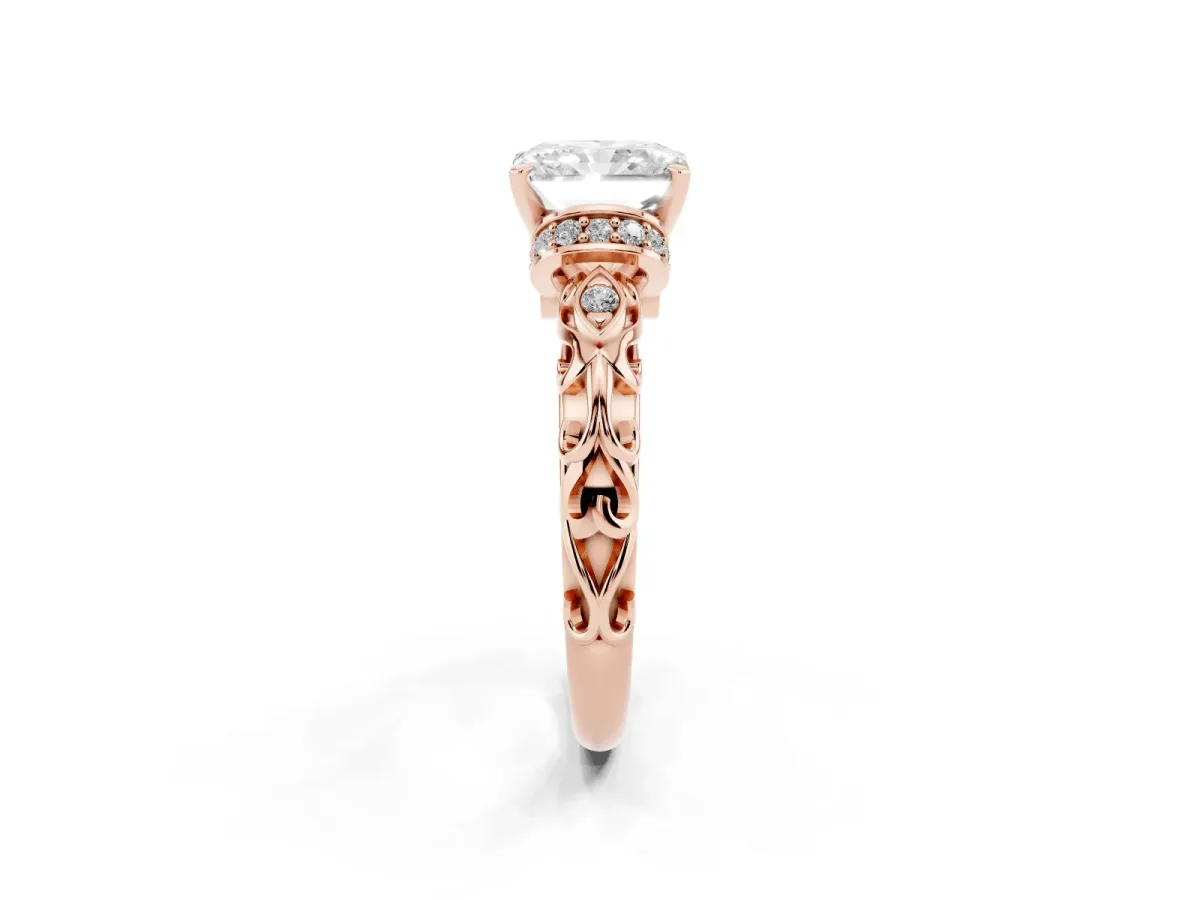 Radiant Cut Diamond Solitaire Ring with Filigree Band and Four-Prong Setting Rose gold