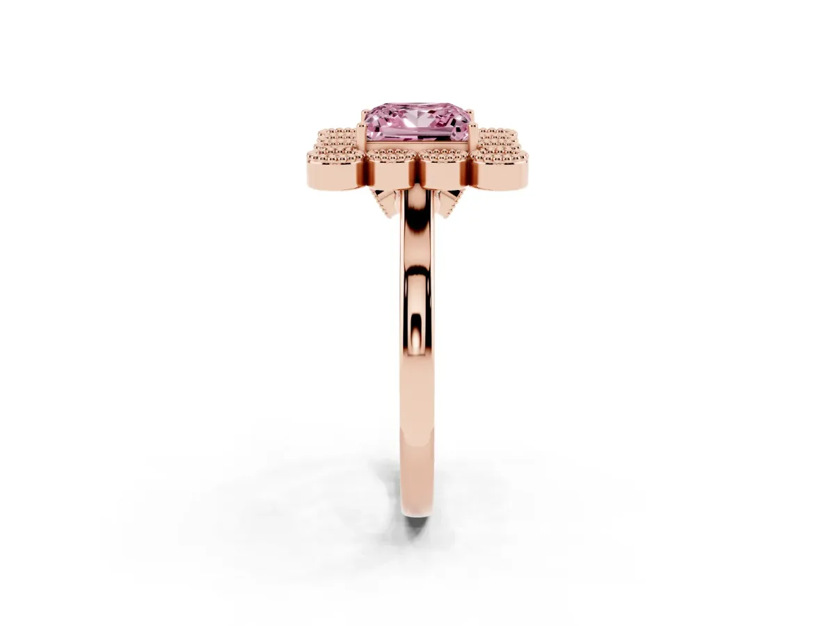 Fancy Pink Princess Cut Halo Diamond Cluster Engagement Ring with Milgrain Bezel Setting and Solitaire Band Rose gold