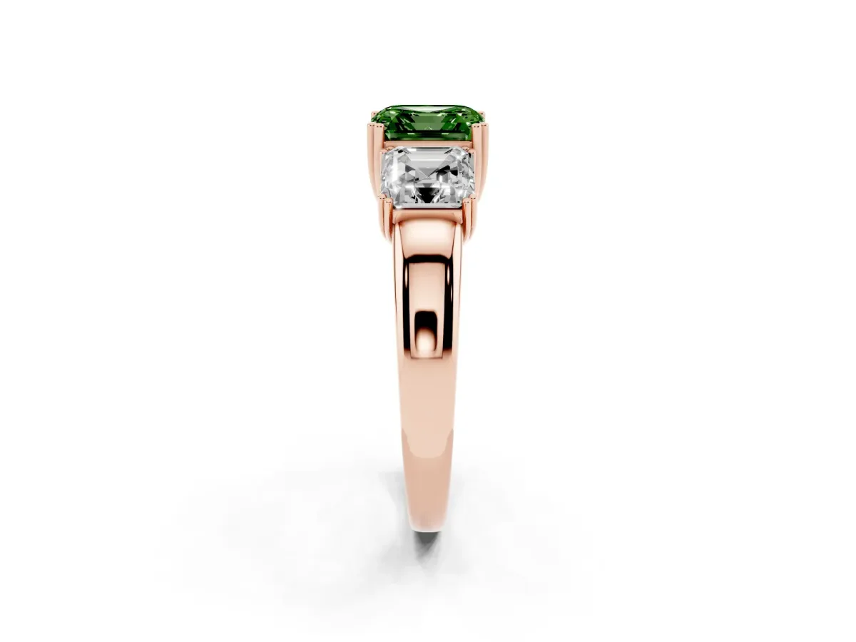 Fancy Green Three-Stone Asscher Cut Cut Diamond Ring with Channel Set Band and Four-Prong Setting Rose gold
