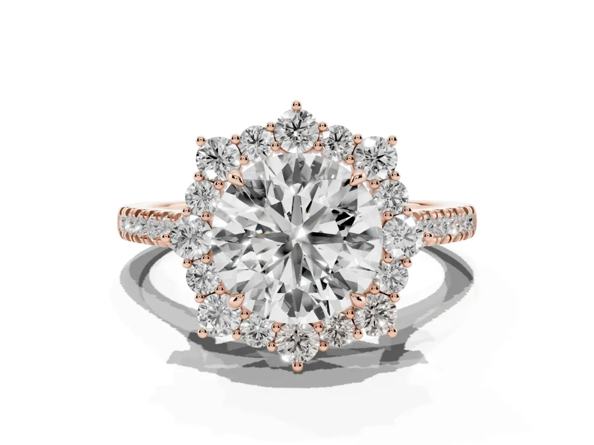 Round Cut Halo Diamond Ring with Pavé Band and Prong Setting Rose gold