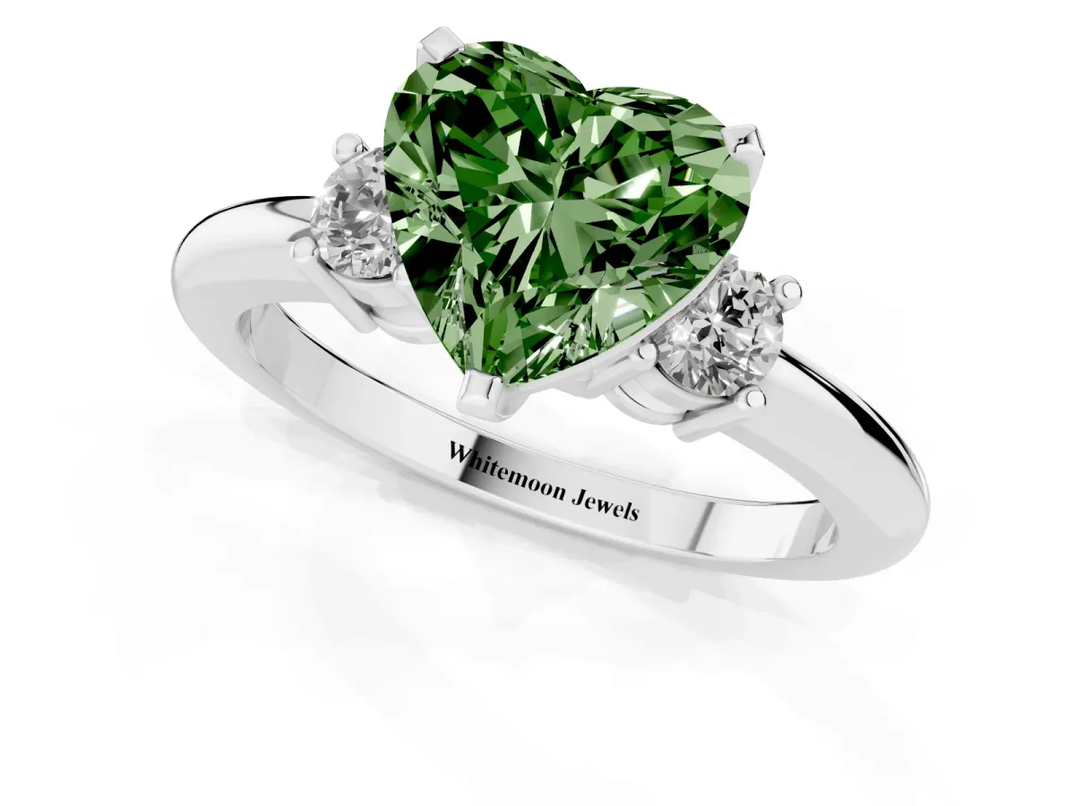 Fancy Green Three-Stone Heart Cut Cut Diamond Solitaire with Prong Setting and Classic Band White gold