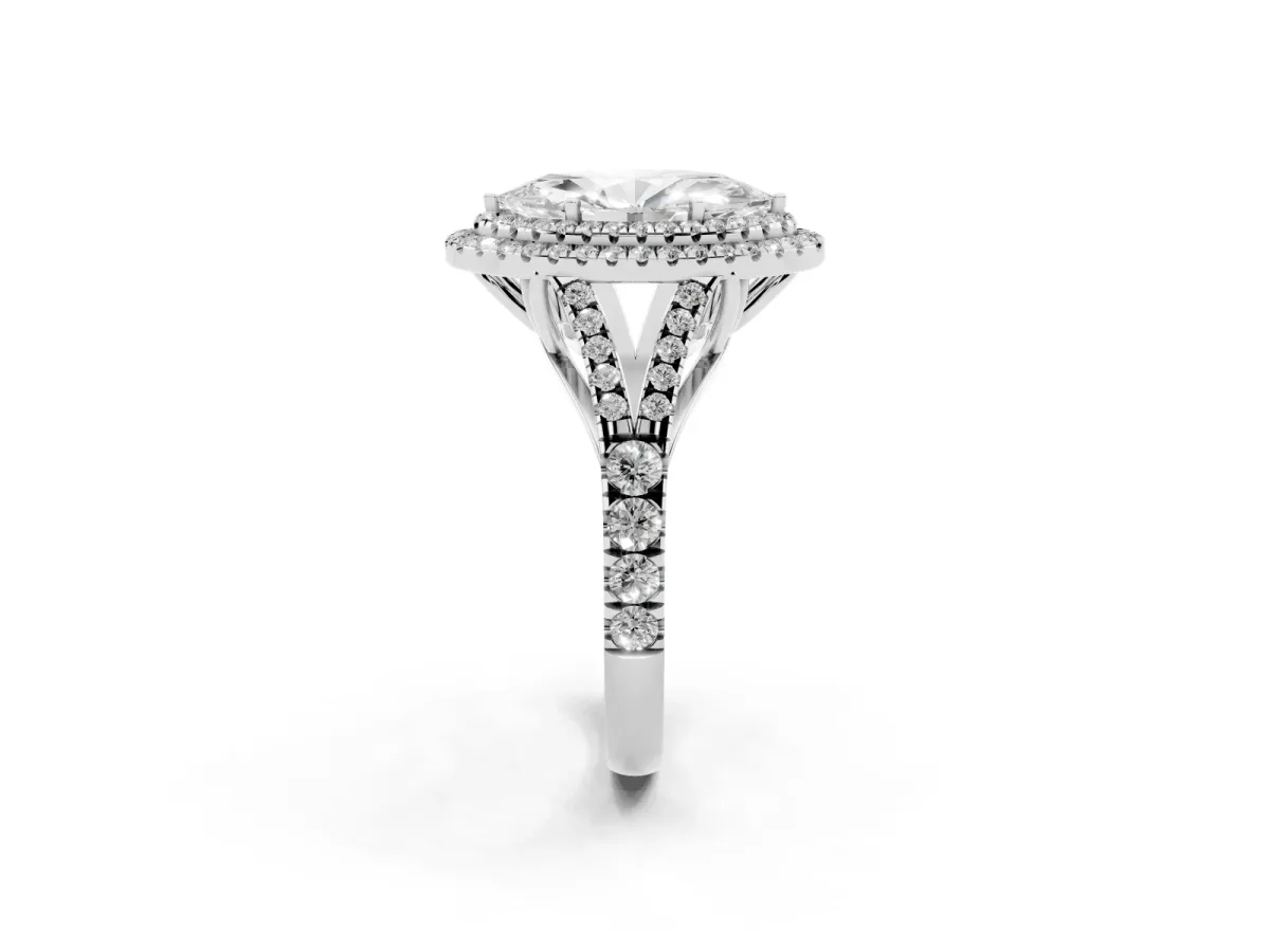 Double Halo Marquise Cut Diamond Split Shank Engagement Ring with Four-Prong Setting Silver