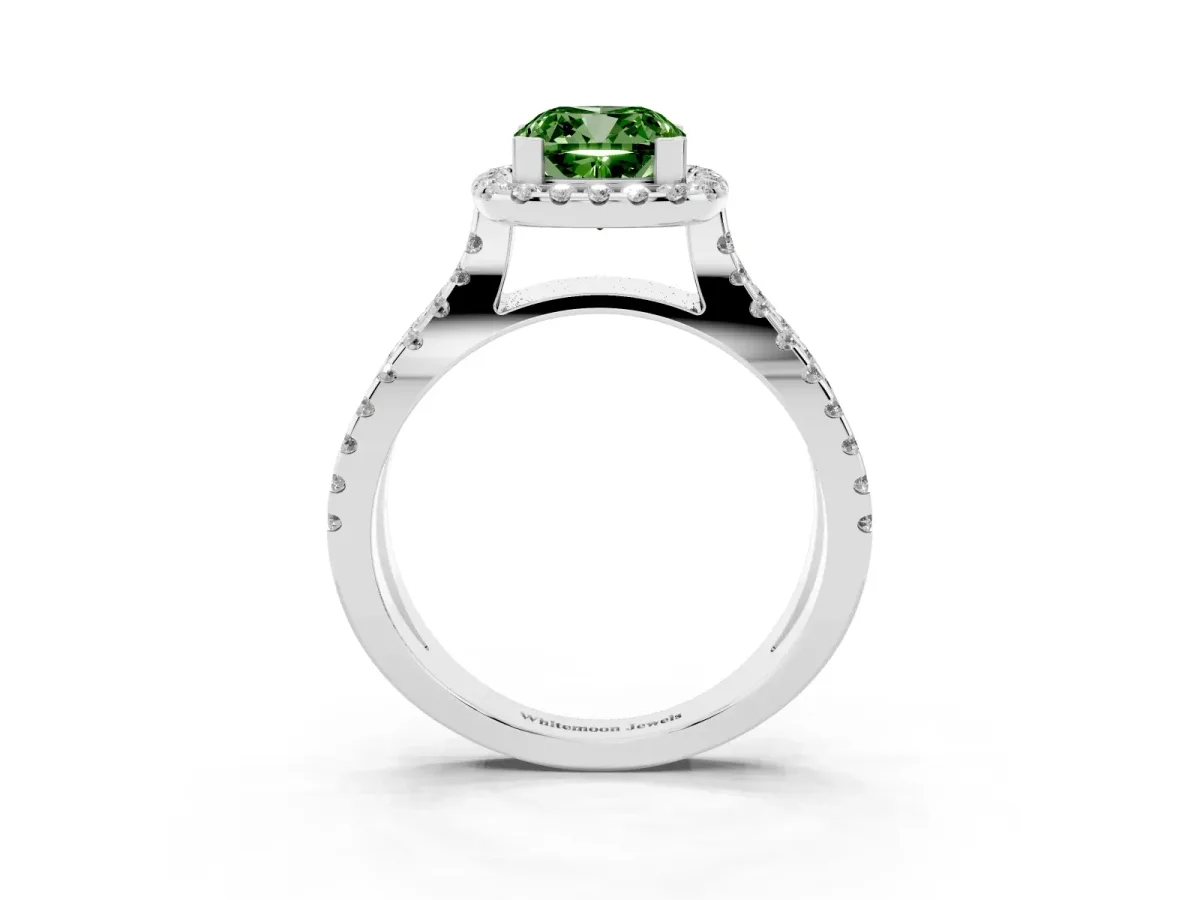 Fancy Green Cushion Cut Diamond Halo Ring with Split Shank Pavé Band and Prong Setting Platinum