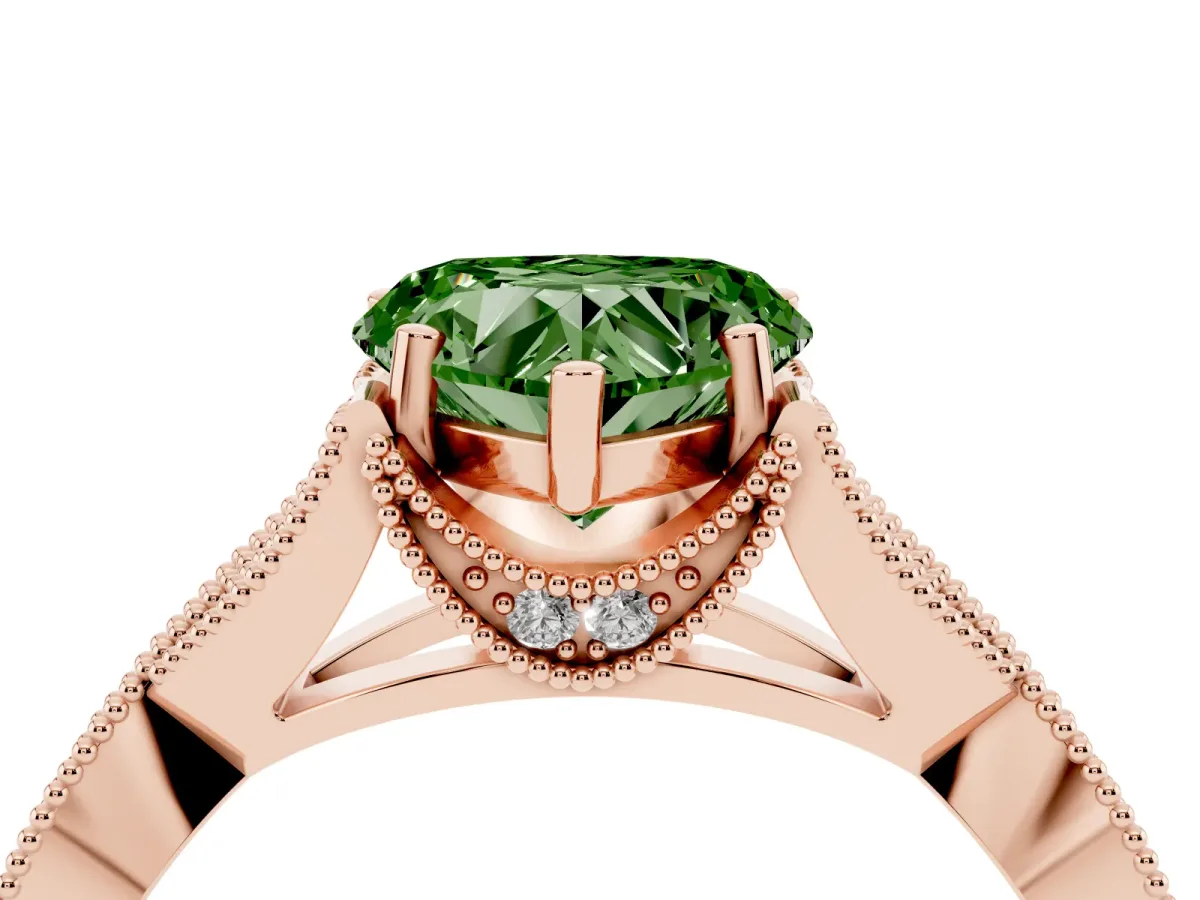 Fancy Green Heart Cut Cut Diamond Twisted Band with Milgrain Pave Setting and Four-Prong Setting Rose gold