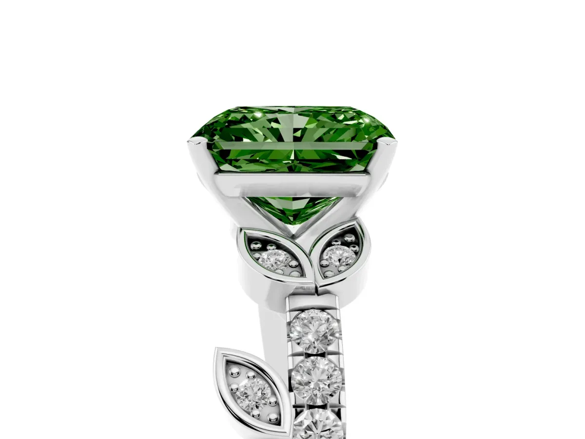Fancy Green Radiant Cut Solitaire Leaf-Inspired Diamond Ring with Pavé Band and Four-Prong Setting Silver