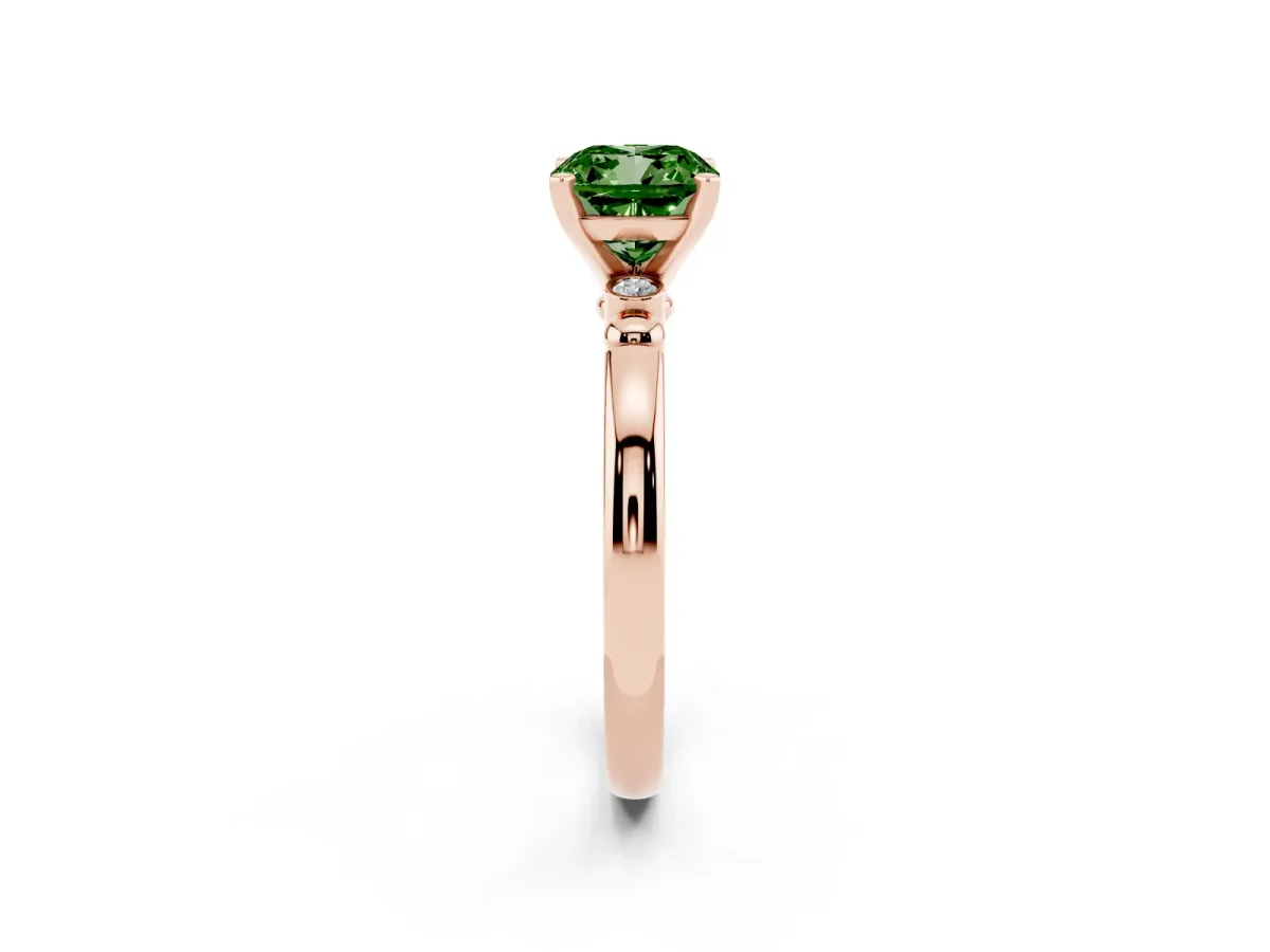 Fancy Green Cushion Cut Solitaire Beaded Band with Four-Prong Setting Rose gold
