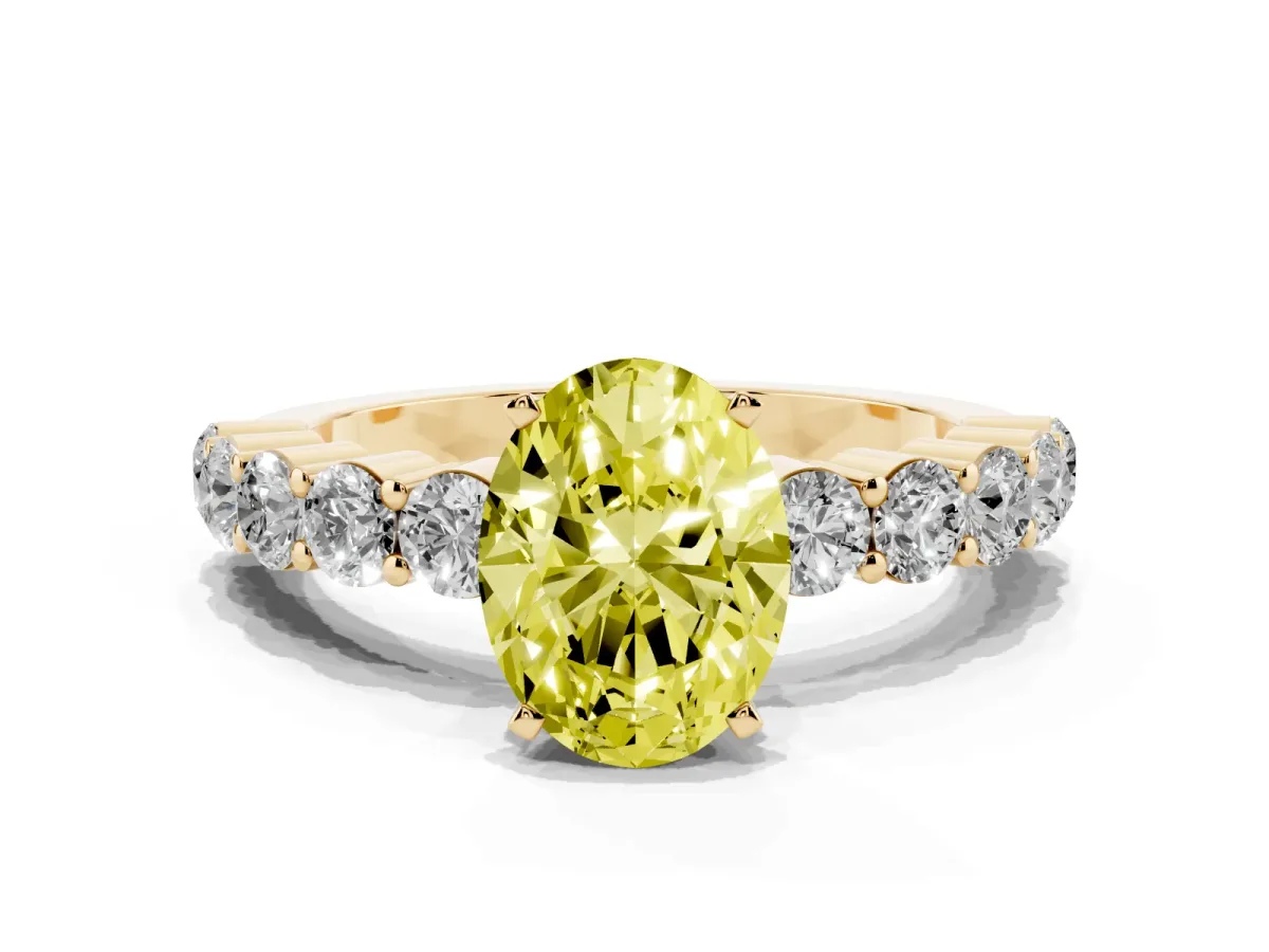 Fancy Yellow Oval Cut Diamond Solitaire Ring with Shared Prong Round Side Stones Yellow gold